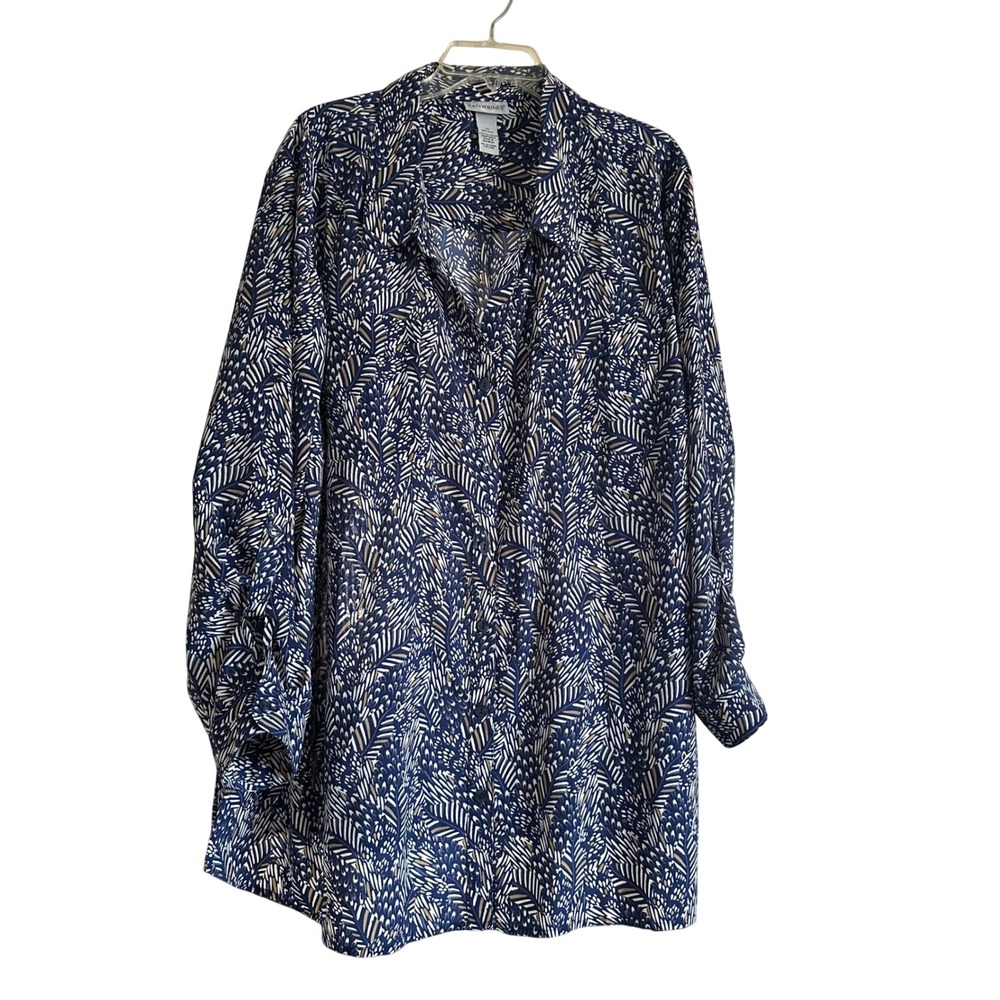 Catherines Womens 3X Navy Blue White Leaf Print Button Up Long Sleeve Shirt